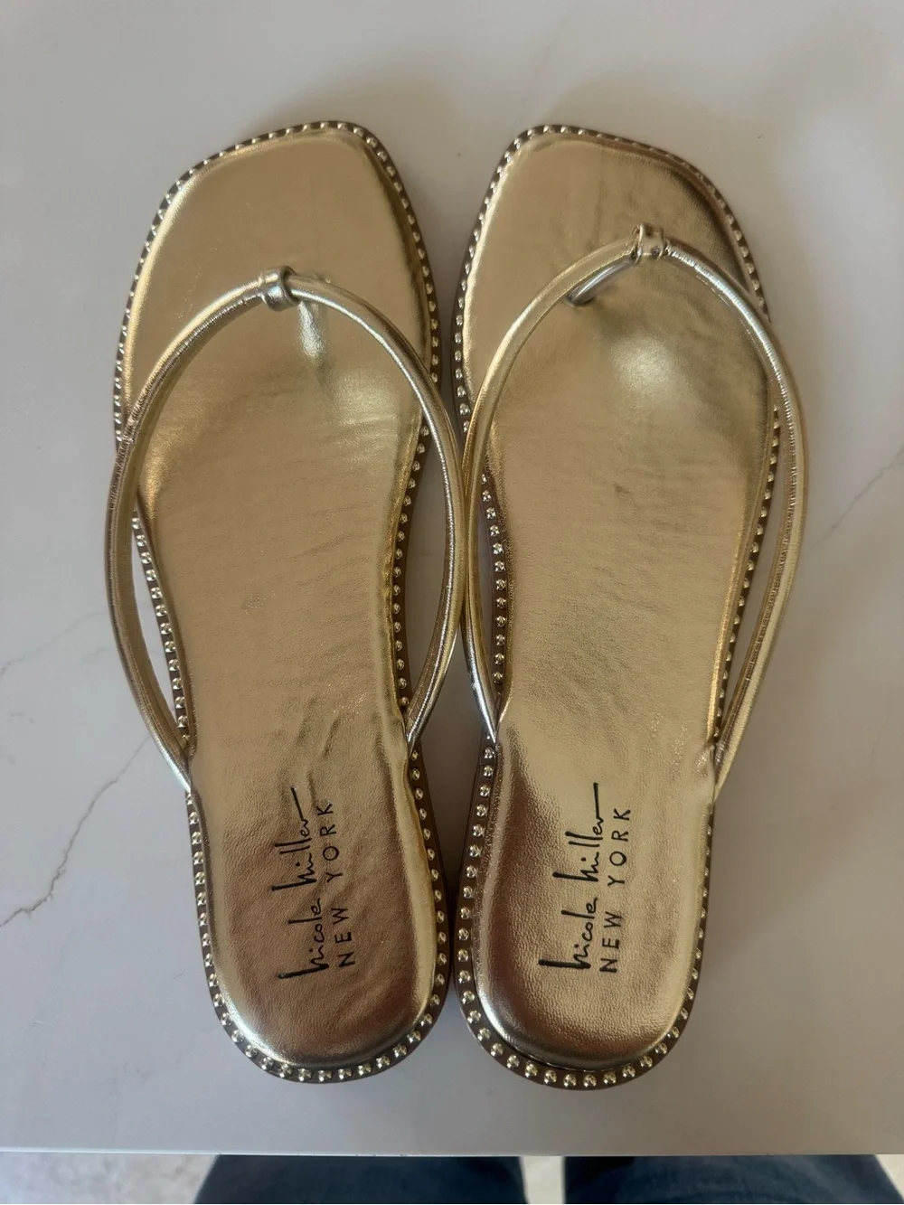 Nicole Miller Gold Metallic Studded Thong Sandals